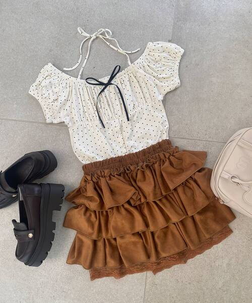 MAJESTIC LEGON（マジェスティックレゴン）の「ウエストリブ裾レースフリルミニスカート（スカート・レディース・ホワイト系その他/ブラウン系その他5/ブラウン/ブラック・MEDIUM）」の6枚目の写真