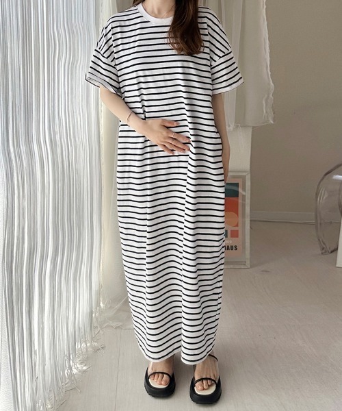 ReRe(リリ)の「Tシャツロングワンピース(ワンピース・レディース・ブラウン/ダークブルー/ベージュ/ブラック/ホワイト×ブラック・MEDIUM)」の8枚目の写真