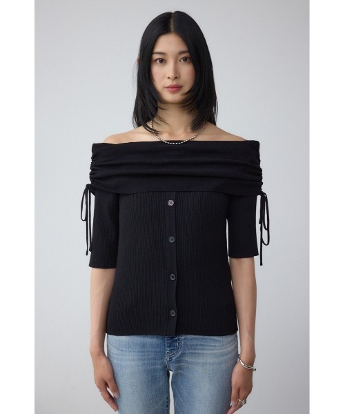 AZUL by moussy（アズールバイマウジー）の「5分袖ギャザーオフショルニットトップス（ニット/セーター・レディース・ブラック/ライトブラウン/杢グレー・FREE）」の5枚目の写真