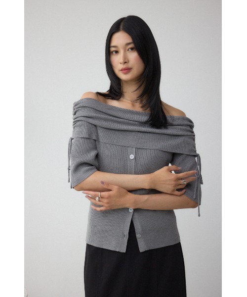 AZUL by moussy（アズールバイマウジー）の「5分袖ギャザーオフショルニットトップス（ニット/セーター・レディース・ブラック/ライトブラウン/杢グレー・FREE）」の13枚目の写真