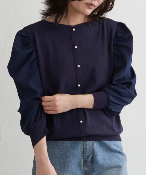 VENCEEXCHANGE(ヴァンスエクスチェンジ)の「2WAYパールタックニット(ニット/セーター・レディース・ベージュ/ネイビー・L/M)」の1枚目の写真