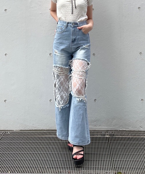 kastane レースデニムパンツ　ライトブルー ダメージデニム 低身長サイズ/2サイズ展開/ウエスト調節可】レースデニムパンツ