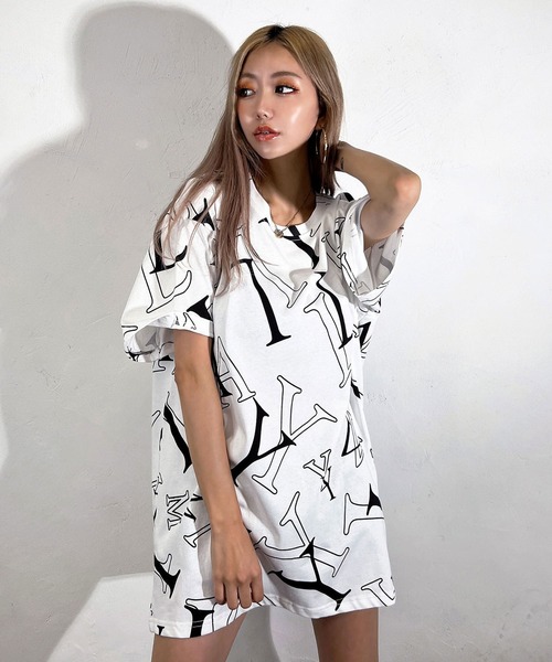 BLACKQUEEN】総柄プリントロングTEE（Tシャツ/カットソー