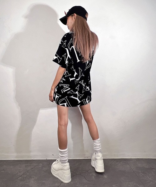 BLACKQUEEN】総柄プリントロングTEE（Tシャツ/カットソー