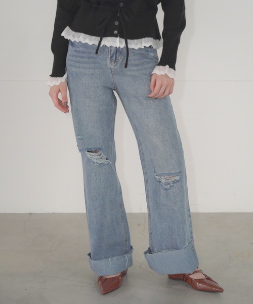 Mirette(ミレット)の「ロールアップクラッシュデニムパンツ ハイウエスト ワイドストレート / Rolled-Up Crashed Denim Pants High Waist Wide Straight(デニムパンツ・レディース・ブルー・SMALL/MEDIUM)」の1枚目の写真