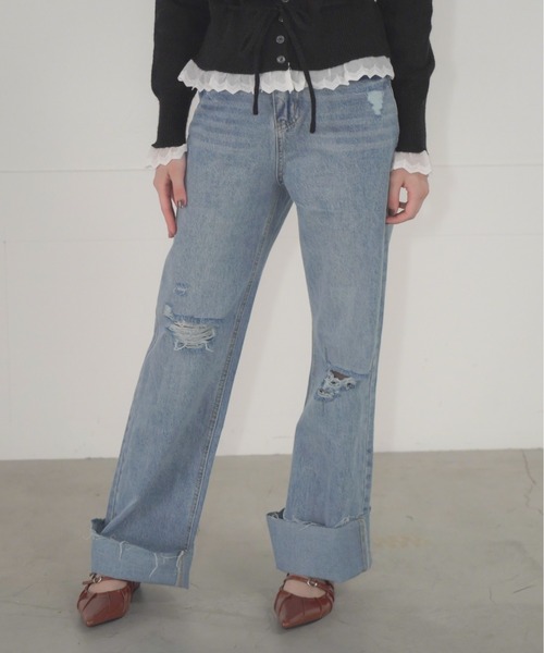Mirette(ミレット)の「ロールアップクラッシュデニムパンツ ハイウエスト ワイドストレート / Rolled-Up Crashed Denim Pants High Waist Wide Straight(デニムパンツ・レディース・ブルー・SMALL/MEDIUM)」の4枚目の写真