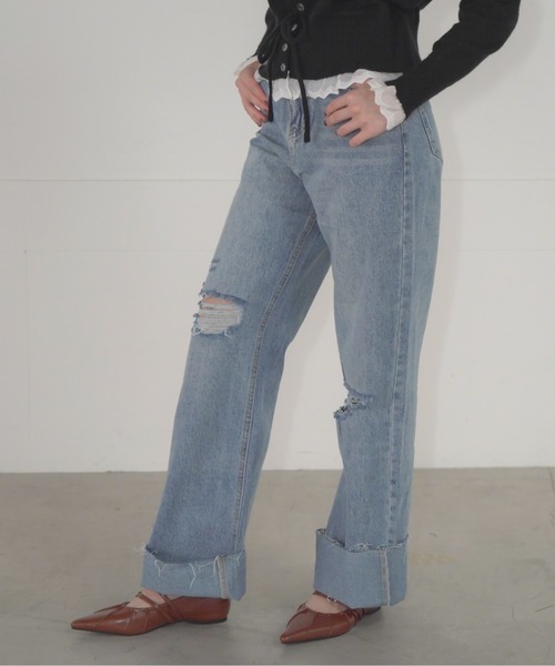 Mirette(ミレット)の「ロールアップクラッシュデニムパンツ ハイウエスト ワイドストレート / Rolled-Up Crashed Denim Pants High Waist Wide Straight(デニムパンツ・レディース・ブルー・SMALL/MEDIUM)」の5枚目の写真