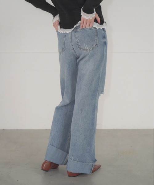 Mirette(ミレット)の「ロールアップクラッシュデニムパンツ ハイウエスト ワイドストレート / Rolled-Up Crashed Denim Pants High Waist Wide Straight(デニムパンツ・レディース・ブルー・SMALL/MEDIUM)」の9枚目の写真
