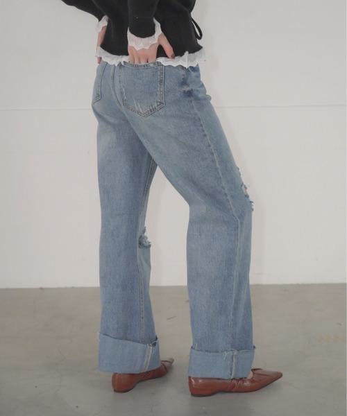 Mirette(ミレット)の「ロールアップクラッシュデニムパンツ ハイウエスト ワイドストレート / Rolled-Up Crashed Denim Pants High Waist Wide Straight(デニムパンツ・レディース・ブルー・SMALL/MEDIUM)」の10枚目の写真