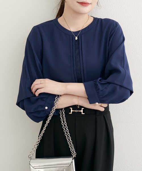 natural couture(ナチュラルクチュール)の「【WEB限定】レースフロントピンタックブラウス(シャツ/ブラウス・レディース・ネイビー/ミント/ベージュ/サックスブルー/オフホワイト・FREE)」の4枚目の写真