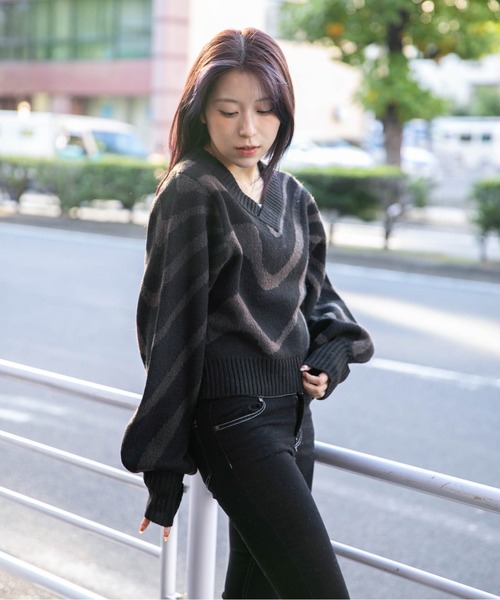 セール】《ゼブラ柄×Vネック》レディース ニットプルオーバー モード