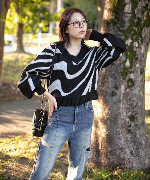 セール】《ゼブラ柄×Vネック》レディース ニットプルオーバー モード