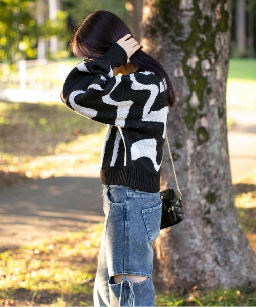 セール】《ゼブラ柄×Vネック》レディース ニットプルオーバー モード