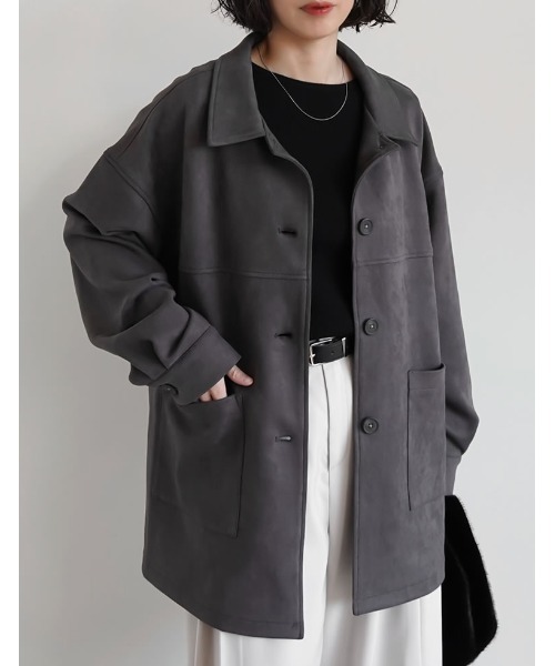 Re:EDIT（リエディ）の「[2025AW COLLECTION]フェイクスウェードシャツジャケット（ステンカラーコート・レディース・キャメル/ブラウン/チャコール・FREE）」の2枚目の写真