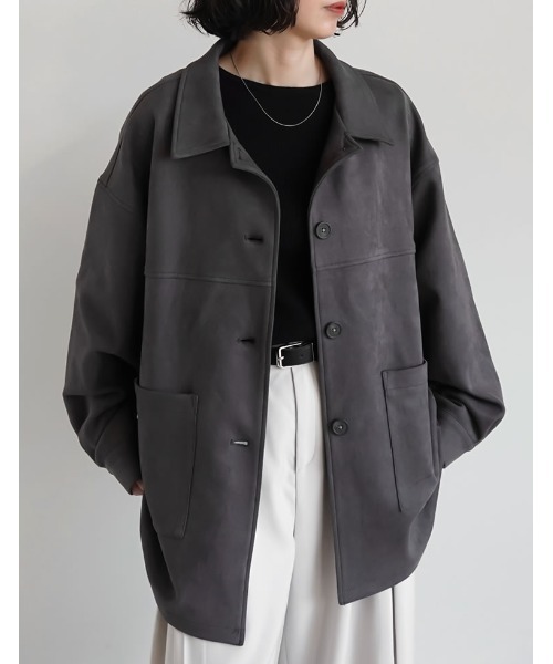 Re:EDIT（リエディ）の「[2025AW COLLECTION]フェイクスウェードシャツジャケット（ステンカラーコート・レディース・キャメル/ブラウン/チャコール・FREE）」の9枚目の写真