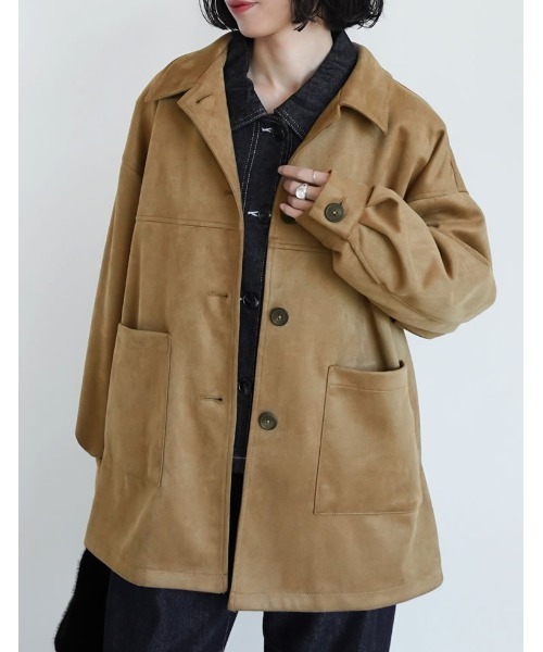 Re:EDIT（リエディ）の「[2025AW COLLECTION]フェイクスウェードシャツジャケット（ステンカラーコート・レディース・キャメル/ブラウン/チャコール・FREE）」の16枚目の写真