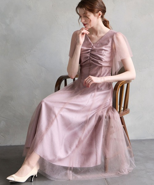 グリッターチュールフロントギャザー袖付きレースアップパーティー