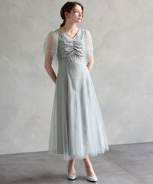 AIMER | グリッターチュールフロントギャザー袖付きレースアップパーティードレス(ドレス)