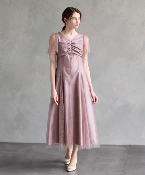 AIMER(エメ)の「グリッターチュールフロントギャザー袖付きレースアップパーティードレス 結婚式 お呼ばれ ドレス 20代 30代(ドレス・レディース・ピンク/ライトグリーン/ブラック・MEDIUM)」の4枚目の写真