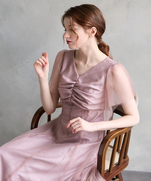 AIMER(エメ)の「グリッターチュールフロントギャザー袖付きレースアップパーティードレス 結婚式 お呼ばれ ドレス 20代 30代(ドレス・レディース・ピンク/ライトグリーン/ブラック・MEDIUM)」の5枚目の写真