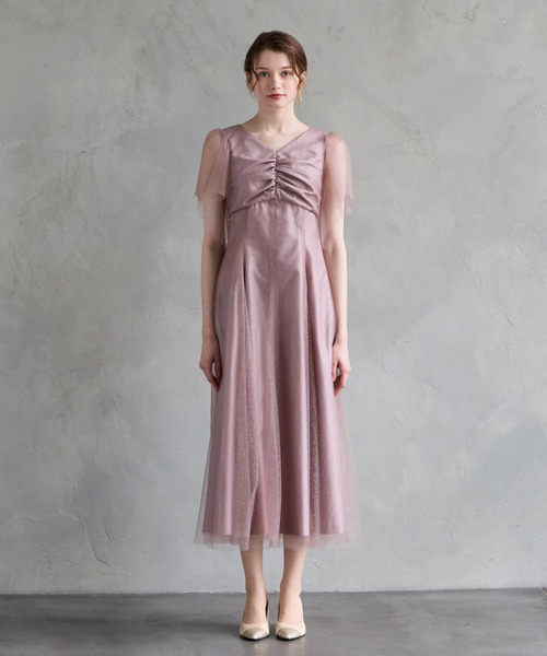 AIMER(エメ)の「グリッターチュールフロントギャザー袖付きレースアップパーティードレス 結婚式 お呼ばれ ドレス 20代 30代(ドレス・レディース・ピンク/ライトグリーン/ブラック・MEDIUM)」の6枚目の写真