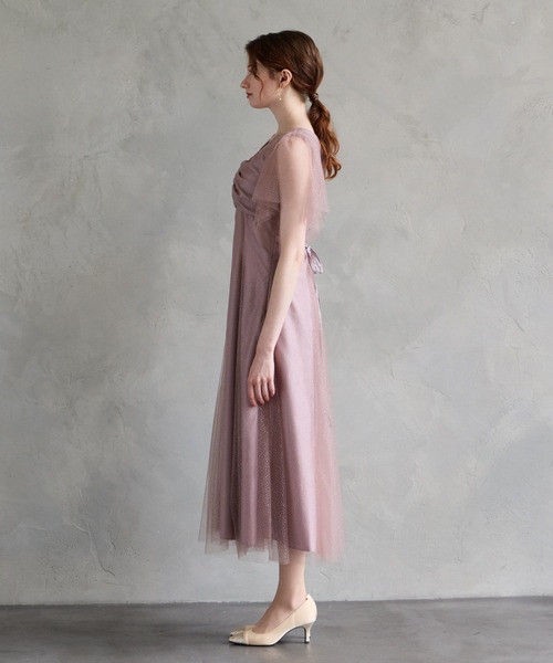 AIMER グリッターチュールフロントギャザー袖付きレースアップパーティードレス グリッターチュールフロントギャザー袖付きレースアップパーティー