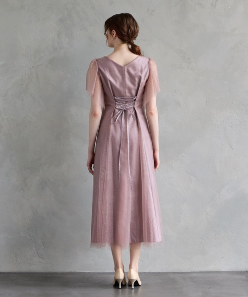 AIMER(エメ)の「グリッターチュールフロントギャザー袖付きレースアップパーティードレス 結婚式 お呼ばれ ドレス 20代 30代(ドレス・レディース・ピンク/ライトグリーン/ブラック・MEDIUM)」の8枚目の写真