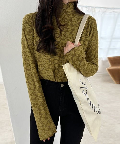 ONEP STAR（ワンピスター）の「レース柄タートルネックシアートップス（Tシャツ/カットソー・レディース・オリーブ/オフホワイト・MEDIUM）」の3枚目の写真