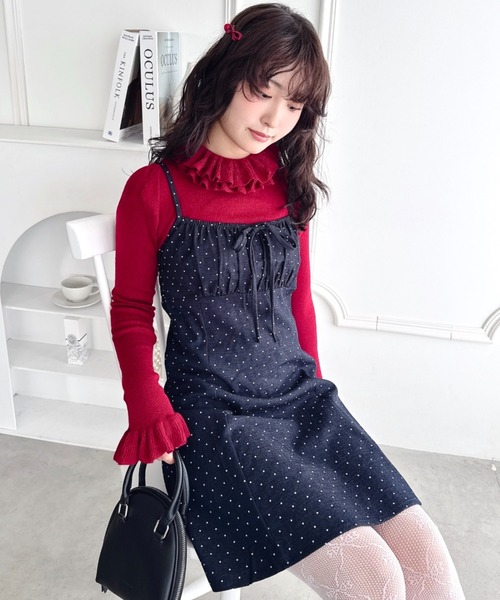 Loueme（ルエム）の「【チェック＆ドット】フロントリボンミニキャミワンピース（ワンピース・レディース・ブラウン/ブルー系その他/ブラック/グレー/ブラック系その他・FREE）」の5枚目の写真