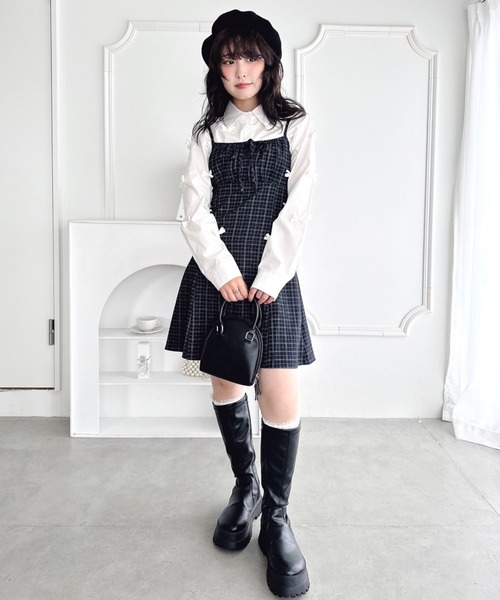 Loueme（ルエム）の「【チェック＆ドット】フロントリボンミニキャミワンピース（ワンピース・レディース・ブラウン/ブルー系その他/ブラック/グレー/ブラック系その他・FREE）」の9枚目の写真
