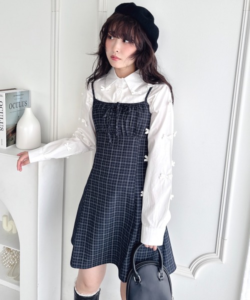 Loueme（ルエム）の「【チェック＆ドット】フロントリボンミニキャミワンピース（ワンピース・レディース・ブラウン/ブルー系その他/ブラック/グレー/ブラック系その他・FREE）」の6枚目の写真