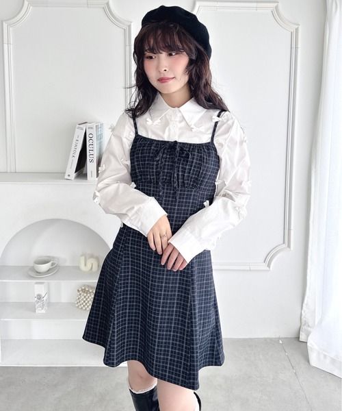Loueme（ルエム）の「【チェック＆ドット】フロントリボンミニキャミワンピース（ワンピース・レディース・ブラウン/ブルー系その他/ブラック/グレー/ブラック系その他・FREE）」の7枚目の写真