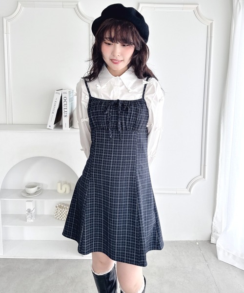 Loueme（ルエム）の「【チェック＆ドット】フロントリボンミニキャミワンピース（ワンピース・レディース・ブラウン/ブルー系その他/ブラック/グレー/ブラック系その他・FREE）」の8枚目の写真