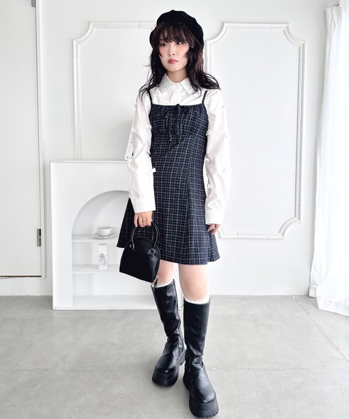 Loueme（ルエム）の「【チェック＆ドット】フロントリボンミニキャミワンピース（ワンピース・レディース・ブラウン/ブルー系その他/ブラック/グレー/ブラック系その他・FREE）」の10枚目の写真