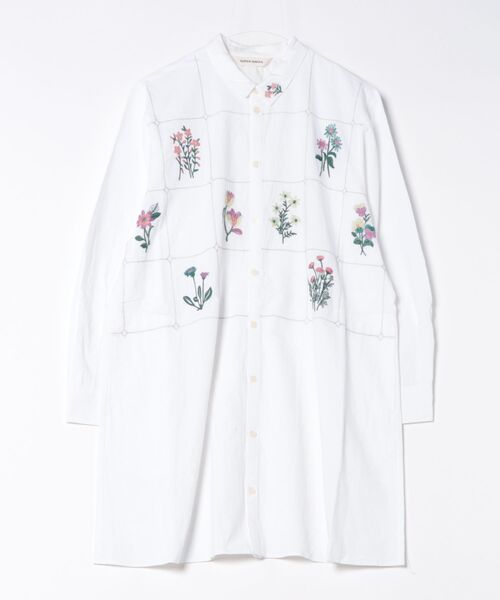 SUPER HAKKA(スーパーハッカ)の「コットンサンドウォッシュ ボタニカルウィンドウ刺繍チュニックシャツ(シャツ/ブラウス・レディース・イエロー/ブラック/オフホワイト・FREE)」の1枚目の写真