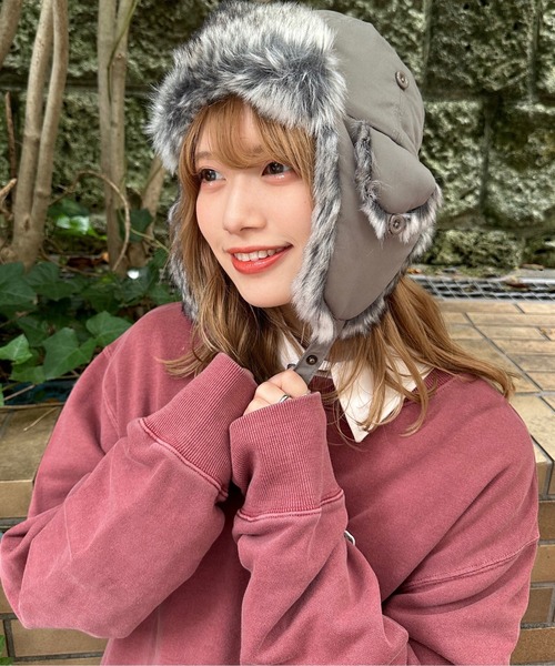 DOUBLE NAME（ダブルネーム）の「ウォッシャブルファーフライトキャップ（キャップ・レディース・ブラウン/ブラック/グレー・FREE）」の4枚目の写真