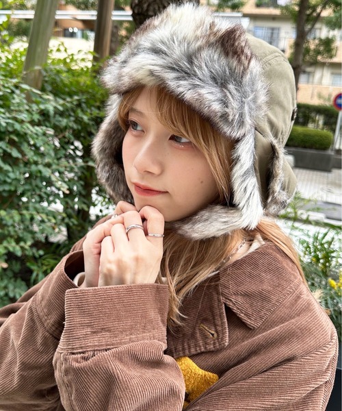 DOUBLE NAME（ダブルネーム）の「ウォッシャブルファーフライトキャップ（キャップ・レディース・ブラウン/ブラック/グレー・FREE）」の9枚目の写真