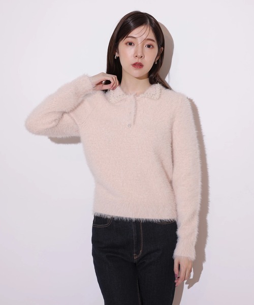 新品未使用リランドチュール　パールビジュー衿フェザーニット　白 Rirandture（リランドチュール）の「パールビジュー衿フェザーニット