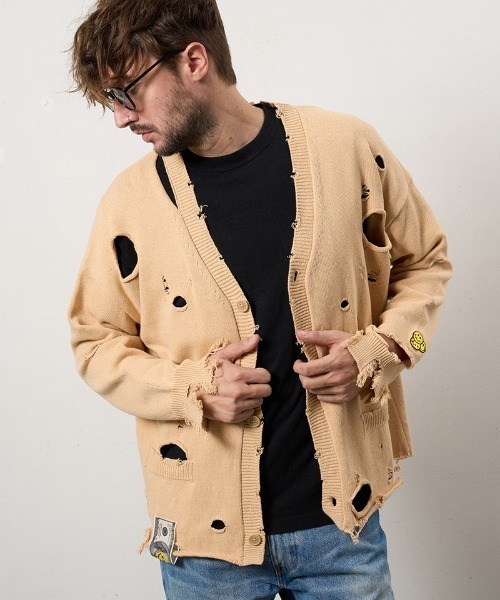 STUD MUFFIN（スタッドマフィン）の「mcg3742-ローゲージコットンヤーン ダメージカーディガン(614-04163)（カーディガン/ボレロ・メンズ・ベージュ/ブラック/オフホワイト・2/3/4）」の3枚目の写真