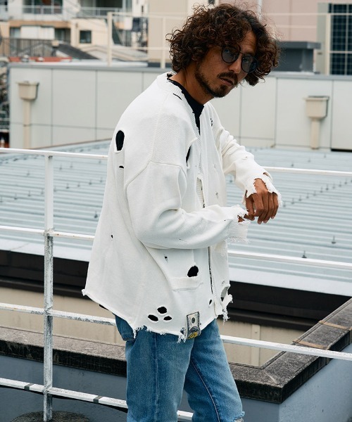 STUD MUFFIN（スタッドマフィン）の「mcg3742-ローゲージコットンヤーン ダメージカーディガン(614-04163)（カーディガン/ボレロ・メンズ・ベージュ/ブラック/オフホワイト・2/3/4）」の7枚目の写真