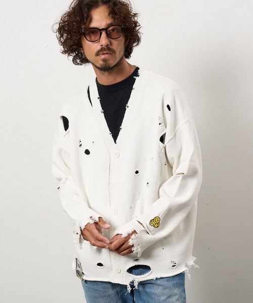 STUD MUFFIN（スタッドマフィン）の「mcg3742-ローゲージコットンヤーン ダメージカーディガン(614-04163)（カーディガン/ボレロ・メンズ・ベージュ/ブラック/オフホワイト・2/3/4）」の8枚目の写真