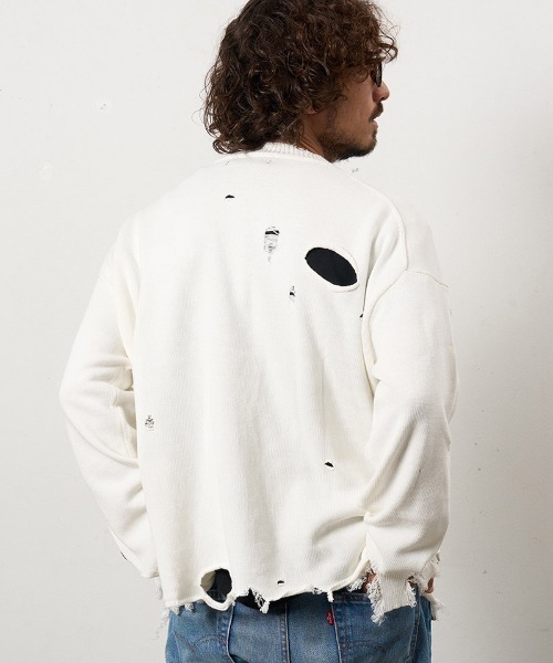 STUD MUFFIN（スタッドマフィン）の「mcg3742-ローゲージコットンヤーン ダメージカーディガン(614-04163)（カーディガン/ボレロ・メンズ・ベージュ/ブラック/オフホワイト・2/3/4）」の9枚目の写真