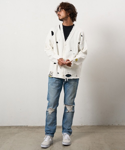 STUD MUFFIN（スタッドマフィン）の「mcg3742-ローゲージコットンヤーン ダメージカーディガン(614-04163)（カーディガン/ボレロ・メンズ・ベージュ/ブラック/オフホワイト・2/3/4）」の10枚目の写真