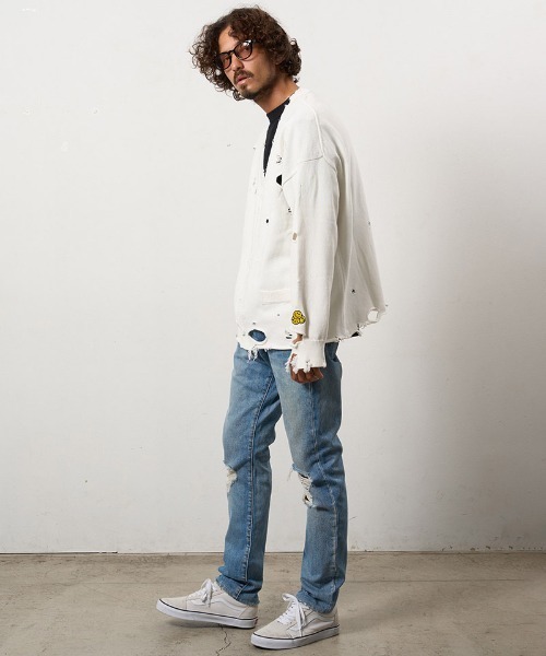 STUD MUFFIN（スタッドマフィン）の「mcg3742-ローゲージコットンヤーン ダメージカーディガン(614-04163)（カーディガン/ボレロ・メンズ・ベージュ/ブラック/オフホワイト・2/3/4）」の11枚目の写真