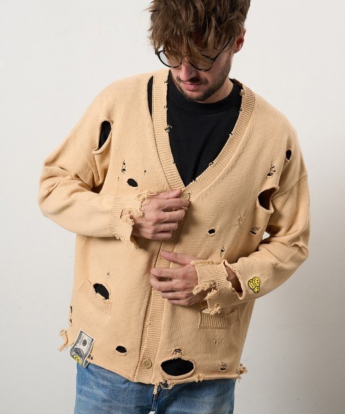 STUD MUFFIN（スタッドマフィン）の「mcg3742-ローゲージコットンヤーン ダメージカーディガン(614-04163)（カーディガン/ボレロ・メンズ・ベージュ/ブラック/オフホワイト・2/3/4）」の13枚目の写真