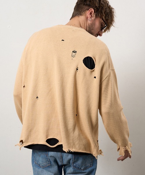 STUD MUFFIN（スタッドマフィン）の「mcg3742-ローゲージコットンヤーン ダメージカーディガン(614-04163)（カーディガン/ボレロ・メンズ・ベージュ/ブラック/オフホワイト・2/3/4）」の14枚目の写真
