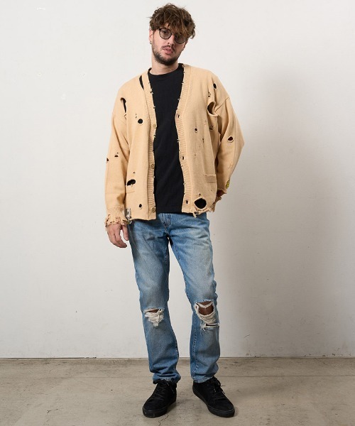 STUD MUFFIN（スタッドマフィン）の「mcg3742-ローゲージコットンヤーン ダメージカーディガン(614-04163)（カーディガン/ボレロ・メンズ・ベージュ/ブラック/オフホワイト・2/3/4）」の15枚目の写真