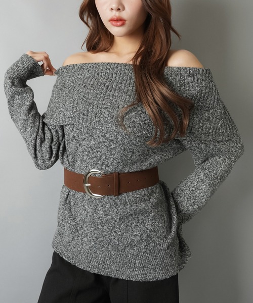 SPINNS(スピンズ)の「ベルト付きオフショルニット(ニット/セーター・レディース・ブラック/ベージュ/ブラウン・ONESIZE)」の5枚目の写真