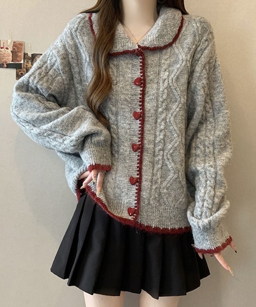 gossip!ロサンゼルス(ゴシップロサンゼルス)の「YUGA コントラストカラー ハートボタンカーディガン(カーディガン/ボレロ・レディース・ベージュ/グレー・FREE)」の1枚目の写真