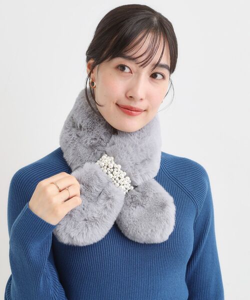 セール】フェイクパール付きフェイクファーティペット（ストール